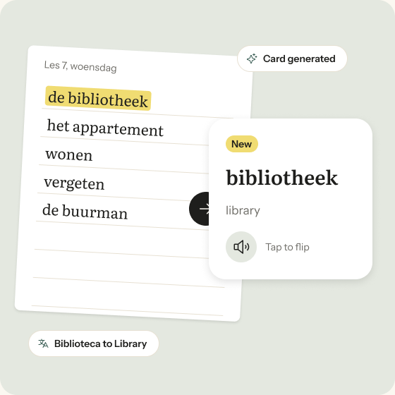 A handwritten vocabulary page next to the flashcard made from it.